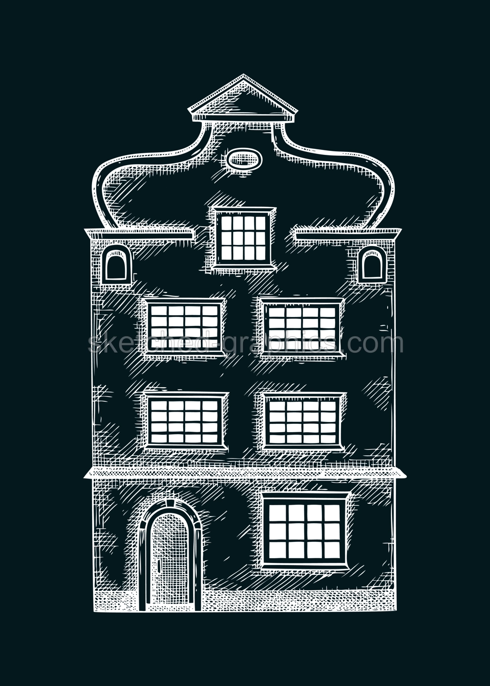European city attractions. Architecture sketch. Old building drawing on chalkboard. Vintage house hand-drawn vector illustration. Architectural design element.  NOT AI generated Illustration